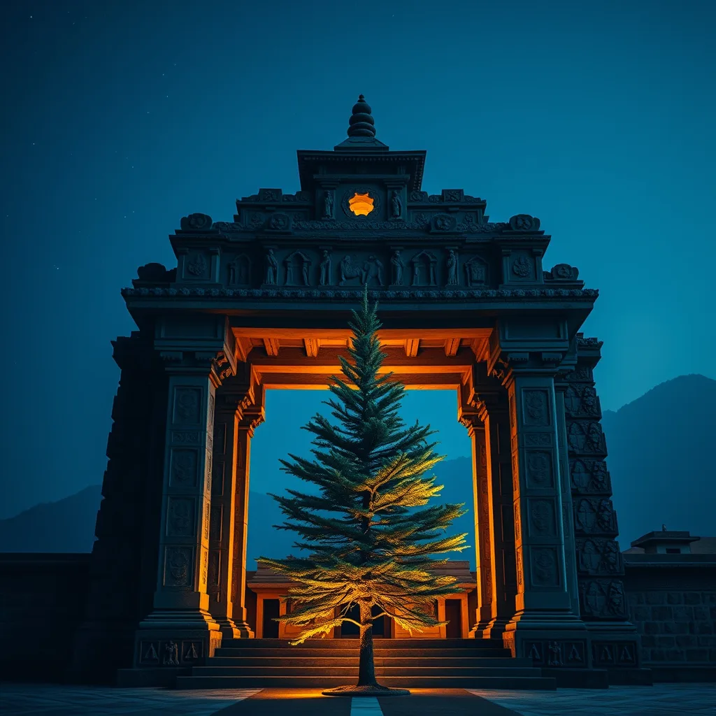Deodar tree inside a glowing temple arch